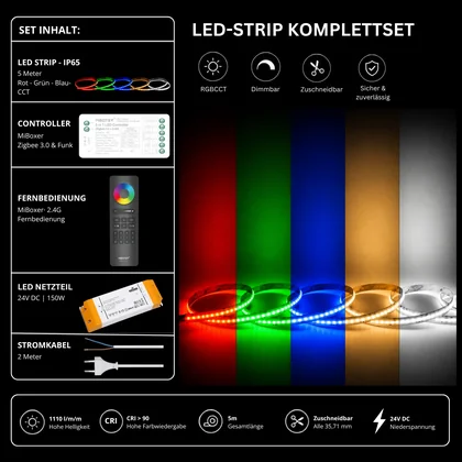 LED Streifen Set RGBCCT IP65 – COB LED Streifen 24V, 21 W/m, 5m, punktfrei – SS150 Netzteil, SZ5 Zigbee 3.0 Controller & C5 Fernbedienung Schwarz