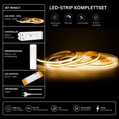 LED Streifen Set Neutralweiß – COB LED Streifen 24V, punktfrei, 14 W/m, 5m, 4000K, CRI 90, IP33 – SS100 Netzteil, WL5 WiFi Controller & C1 Fernbedienung Weiß