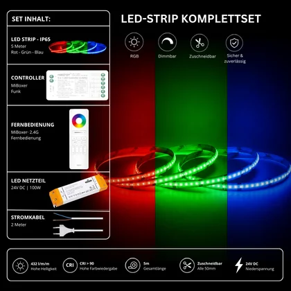 LED Streifen Set RGB IP65 – COB LED Streifen 24V, 14 W/m, 5m, punktfrei – SS100 Netzteil, SR5 Funk-Controller & C5 Fernbedienung Weiß