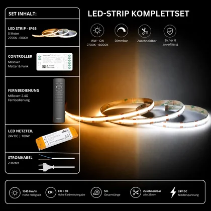 LED Streifen Set CCT IP65 – COB LED Streifen 24V, 16 W/m, 1345 lm/m, 5m, 2700-6000K – SS100 Netzteil, SM2 Matter Controller & C1 Fernbedienung Schwarz