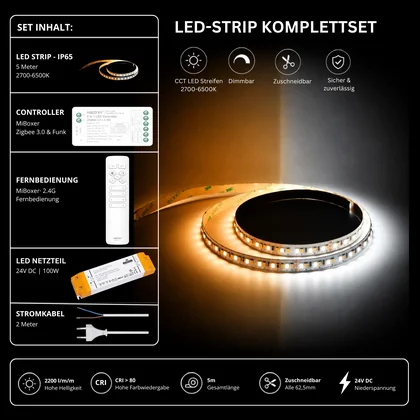 LED Streifen Set CCT IP65 – SMD LED Streifen 24V, 16 W/m, 2200 lm/m, 5m, 2700-6500K – SS100 Netzteil, SZ2 Zigbee 3.0 Controller & C1 Fernbedienung Weiß