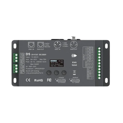 LTECH D5 DMX512/RDM LED Controller 5-Kanal 6A/Kanal, 12-48V DC, mit OLED Display, Konstantspannung