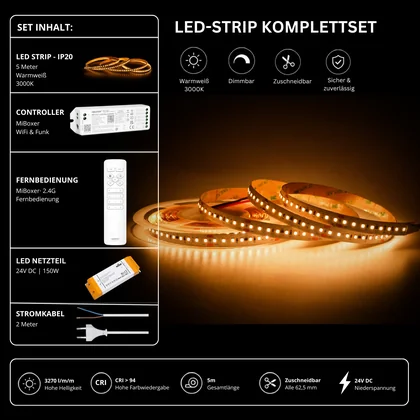 LED Streifen Set High Power Warmweiß 3000K – SMD LED Streifen 24V, 22 W/m, 3270 lm/m, 5m – SS150 Netzteil, WL5 WiFi Controller & C1 Fernbedienung Weiß