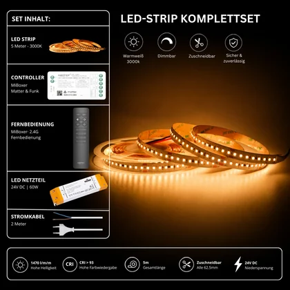LED Streifen Set Warmweiß 3000K – SMD LED Streifen 24V, 9 W/m, 1500 lm/m, 5m – SS60 Netzteil, SM2 Matter Controller & C1 Fernbedienung Schwarz