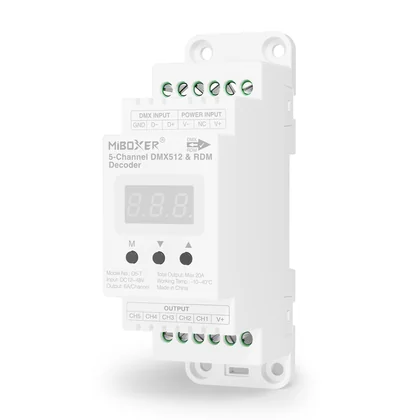 MiBoxer D5-T DMX512 Decoder – 5 Kanal, 5×6 A, 12-48 V, Hutschiene, RDM, einstellbare PWM