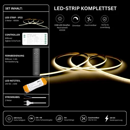 LED Streifen Set Einfarbig COB Schmal – 5 mm COB LED Streifen 24V, punktfrei, 7 W/m, 5m, Neutralweiß 4000K, CRI 90 – SS60 Netzteil, SZ2 Zigbee 3.0 Controller & C1 Fernbedienung Schwarz