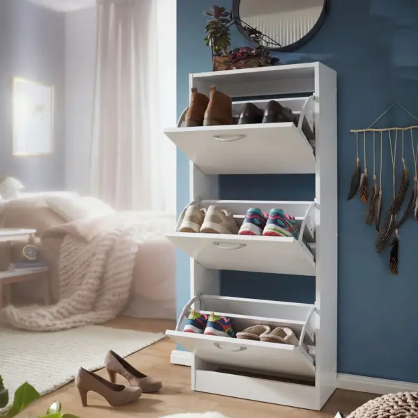 FineBuy Schuhkipper mit 3 Fächern für 18 Paar Schuhe, Weiß – 50 × 24 × 125 cm