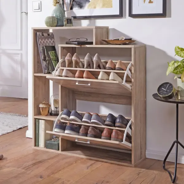 FineBuy Moderner Schuhkipper MASSA aus Holz, Grau – 85 × 24 × 93 cm