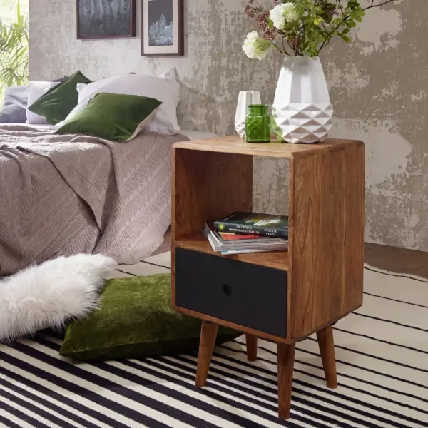 FineBuy Retro Nachtkonsole REPA Sheesham aus Holz, Schwarz – 40 × 35 × 70 cm