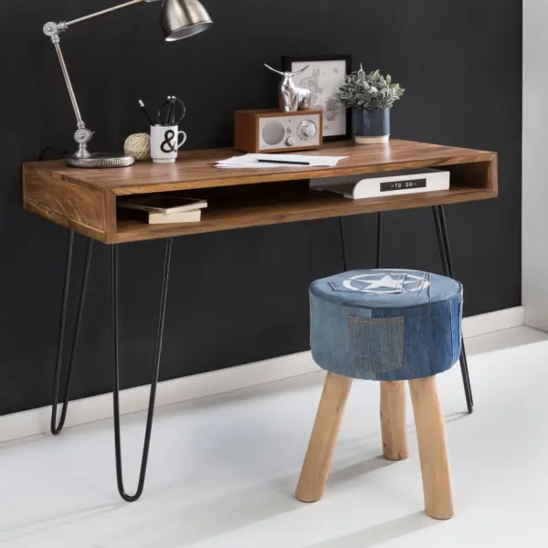 Massiver Schreibtisch HARLEM Sheesham Massiv aus Holz, Braun – 110 × 60 × 76 cm