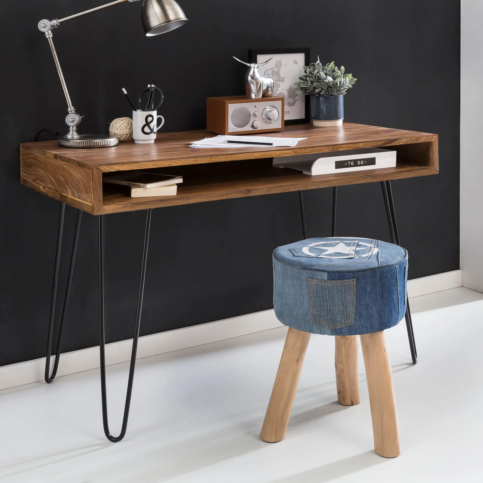 Massiver Schreibtisch HARLEM Sheesham Massiv aus Holz, Braun – 110 × 60 × 76 cm