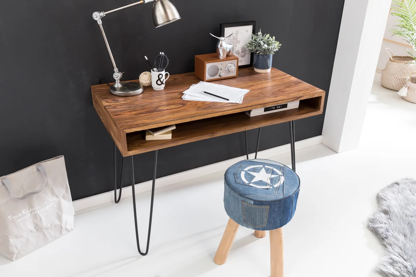 Massiver Schreibtisch HARLEM Sheesham Massiv aus Holz, Braun – 110 × 60 × 76 cm