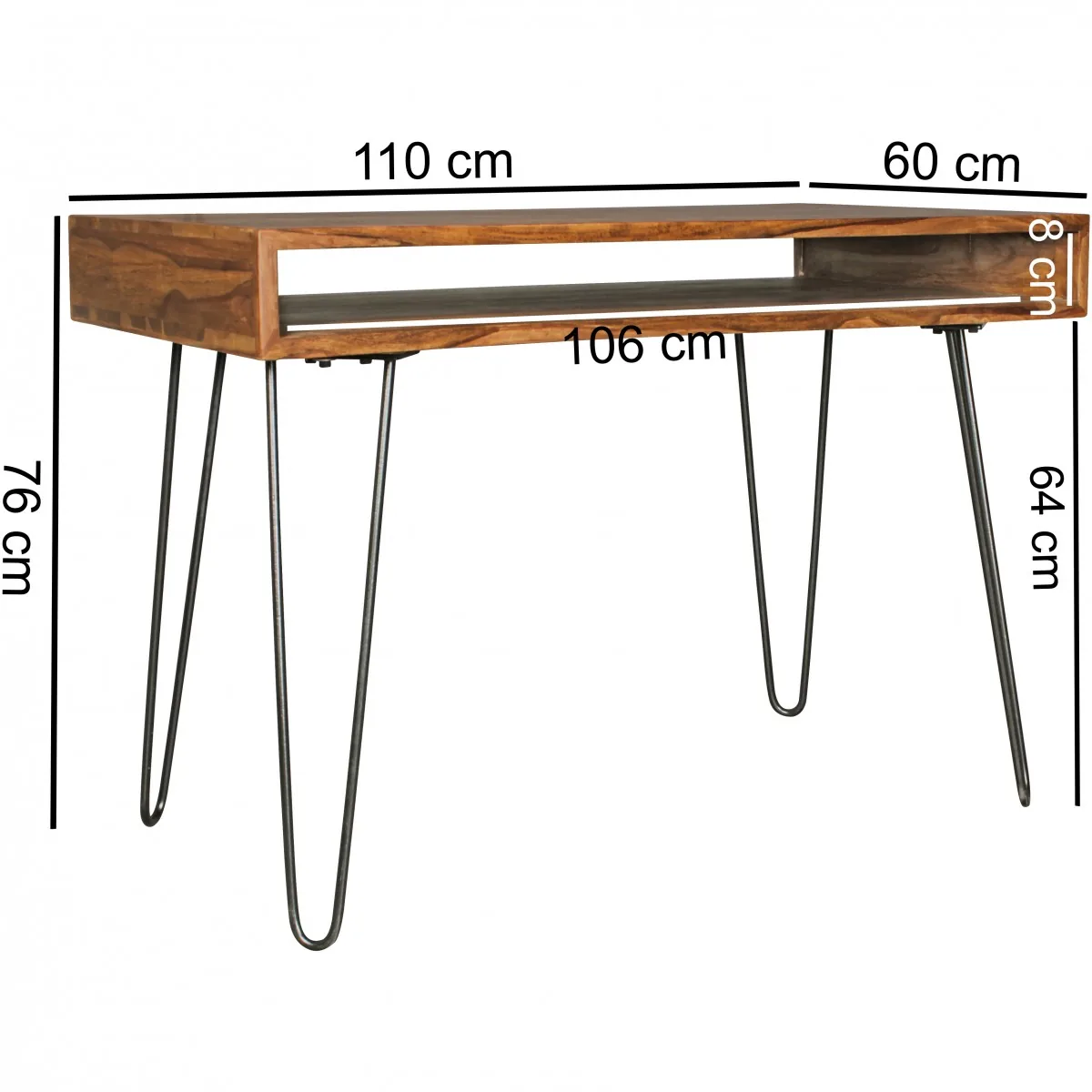 Massiver Schreibtisch HARLEM Sheesham Massiv aus Holz, Braun – 110 × 60 × 76 cm