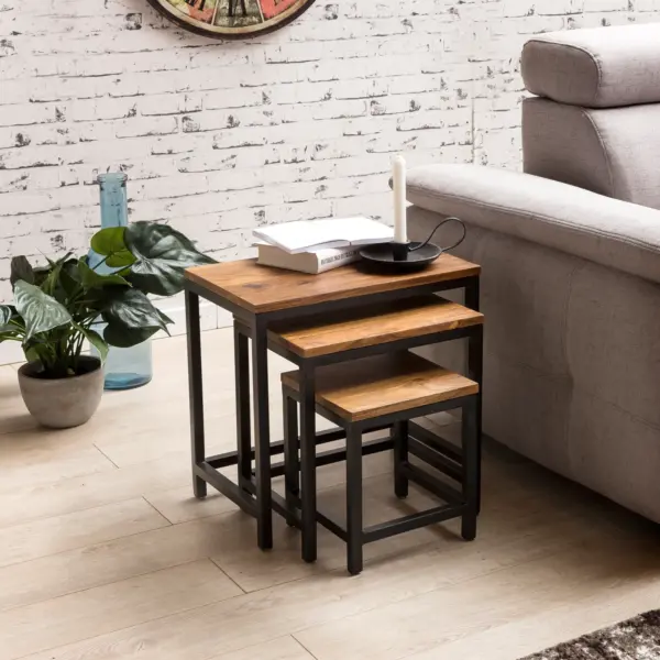 FineBuy 3er Set Design Beistelltisch Sheesham Satztisch Metallbeine, Braun
