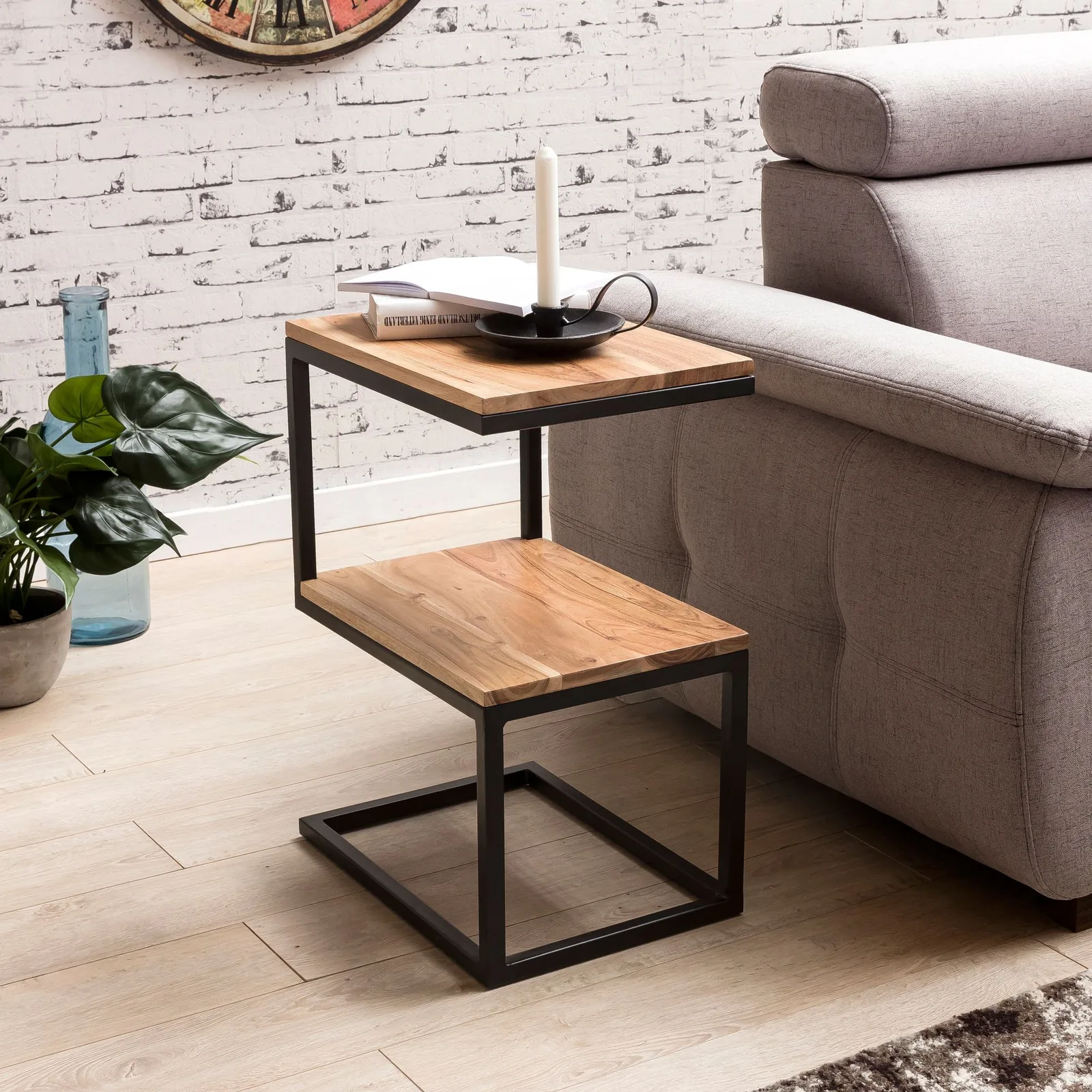 FineBuy Beistelltisch S-Form Massivholz / Metall, Braun – 45 × 60 × 30 cm