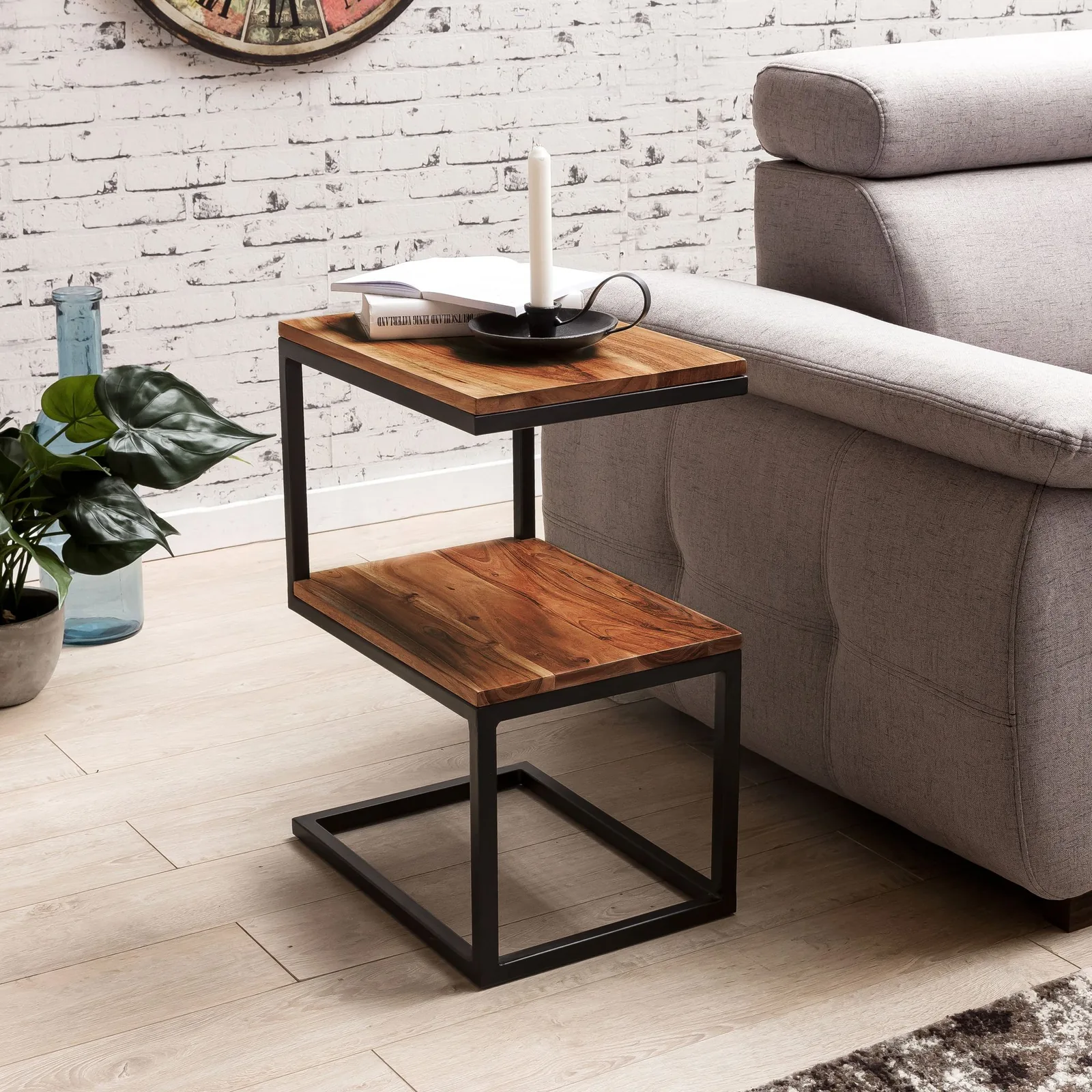FineBuy Beistelltisch S-Form Massivholz / Metall, Braun – 45 × 60 × 30 cm