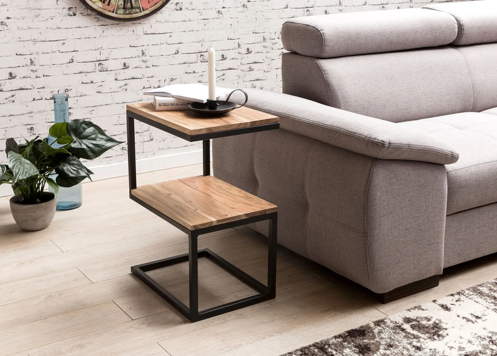 FineBuy Beistelltisch S-Form Massivholz / Metall, Braun – 45 × 60 × 30 cm