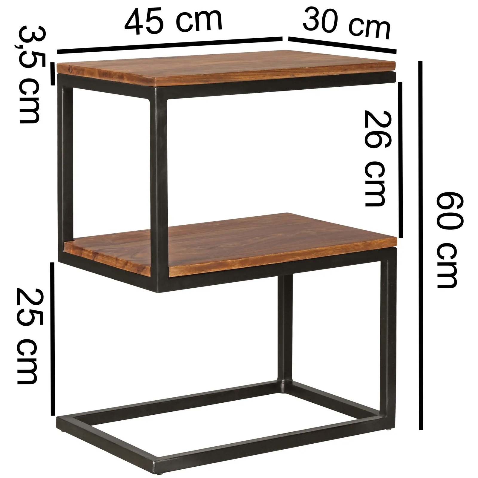 FineBuy Beistelltisch S-Form Massivholz / Metall, Braun – 45 × 60 × 30 cm