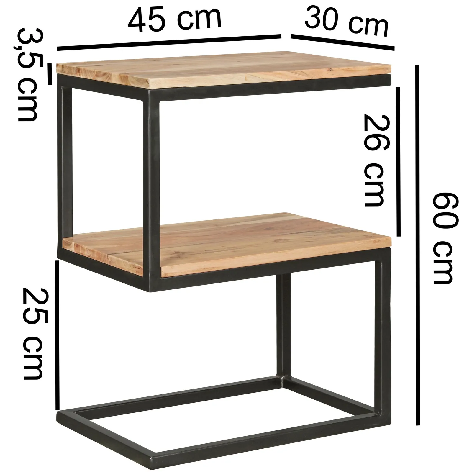 FineBuy Beistelltisch S-Form Massivholz / Metall, Braun – 45 × 60 × 30 cm