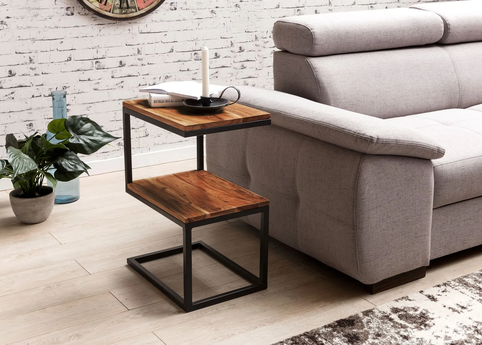 FineBuy Beistelltisch S-Form Massivholz / Metall, Braun – 45 × 60 × 30 cm