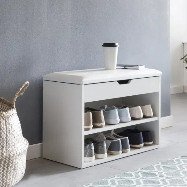 FineBuy Schuhbank mit Sitzfläche Garderoben-Bank aus Holz, Weiß – 60 × 40 × 30 cm