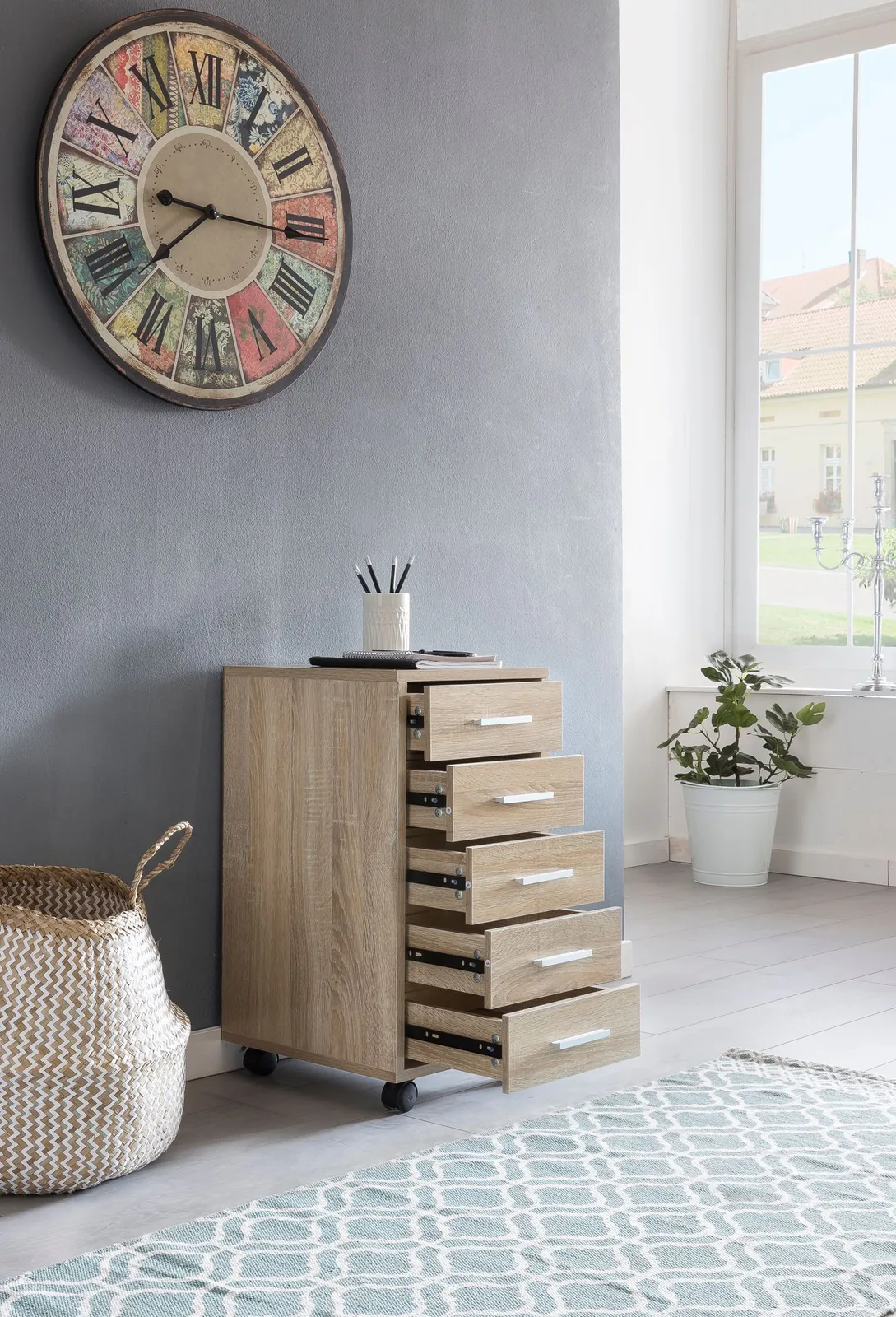 Finebuy Rollcontainer 33 x 63 x 38 cm Holz Schubladenschrank Schreibtisch, Büro Schrank mit 5 Schubladen, Container Rollschrank klein Standcontainer schmal, Schreibtischcontainer mit Rollen