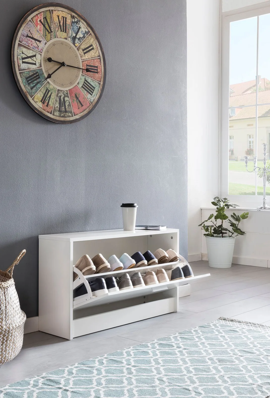 FineBuy Schuhbank SPLIT mit Sitzfläche Schuhkipper aus Holz, Weiß – 80 × 47 × 24 cm
