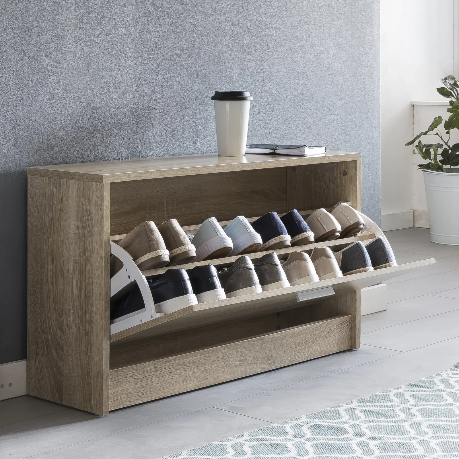 FineBuy Schuhbank SPLIT mit Sitzfläche Schuhkipper aus Holz, Weiß – 80 × 47 × 24 cm