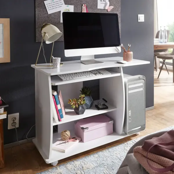 FineBuy Computertisch GRASSE rollbar, Weiß – 90 × 71 × 50 cm