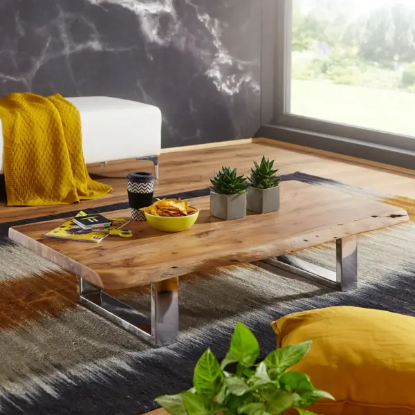 FineBuy Couchtisch Akazie Massivholz 115 cm rechteckig · Flacher Wohnzimmertisch mit Baumkante und Kufengestell · Handgefertigter Designer Tisch im modernen Industrial Stil
