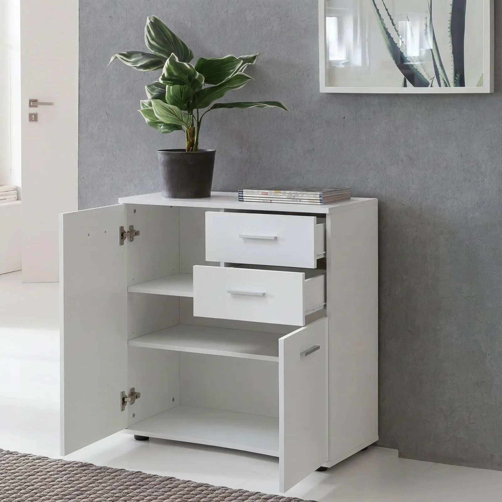 FineBuy Kommode mit Türen & Schubladen aus Holz, Weiß – 71 × 78 × 35,5 cm