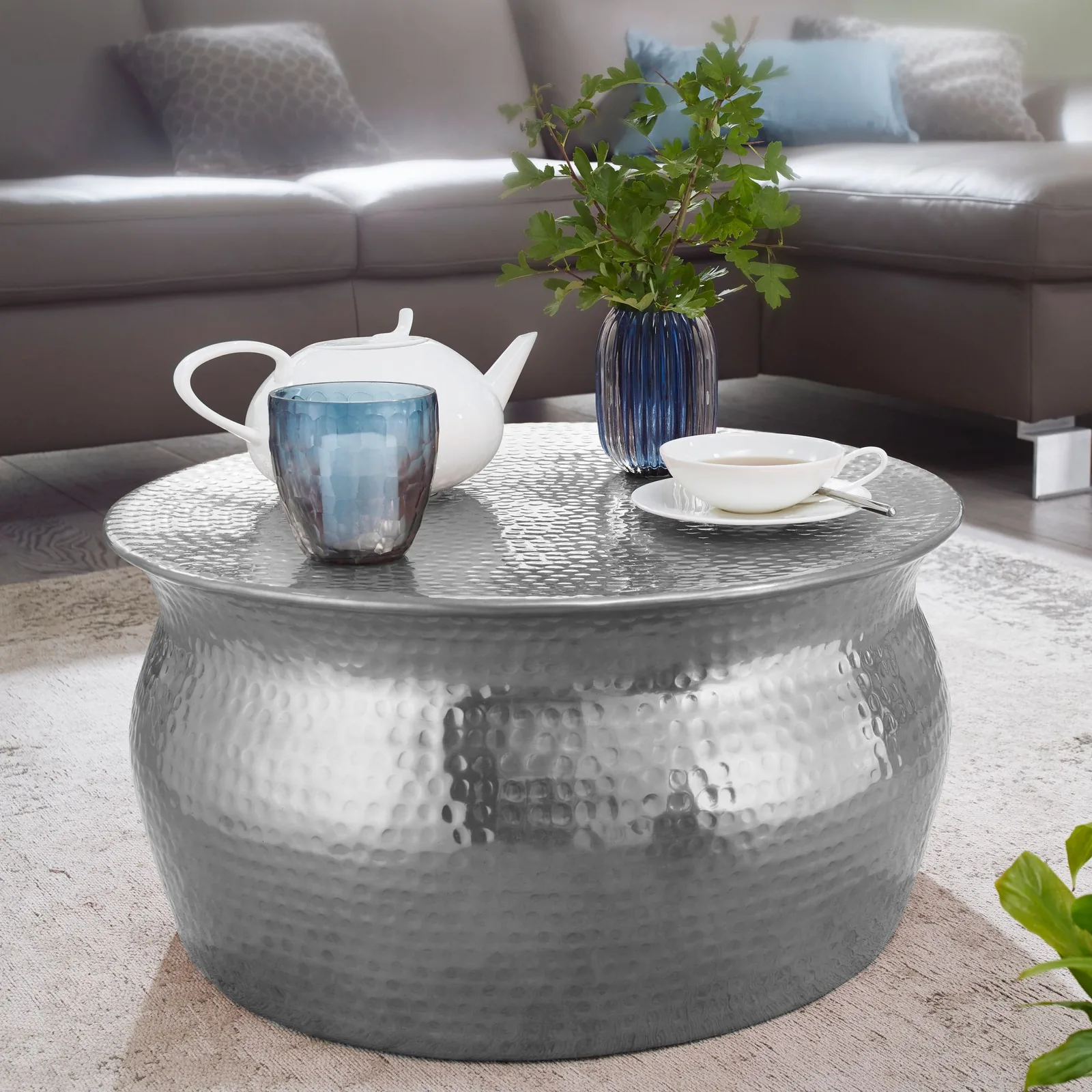 FineBuy Couchtisch rund 60 cm Metall - Design Aluminium Wohnzimmertisch handgefertigt - Orientalischer Alu Beistelltisch Wohnzimmer Tisch Hammerschlag