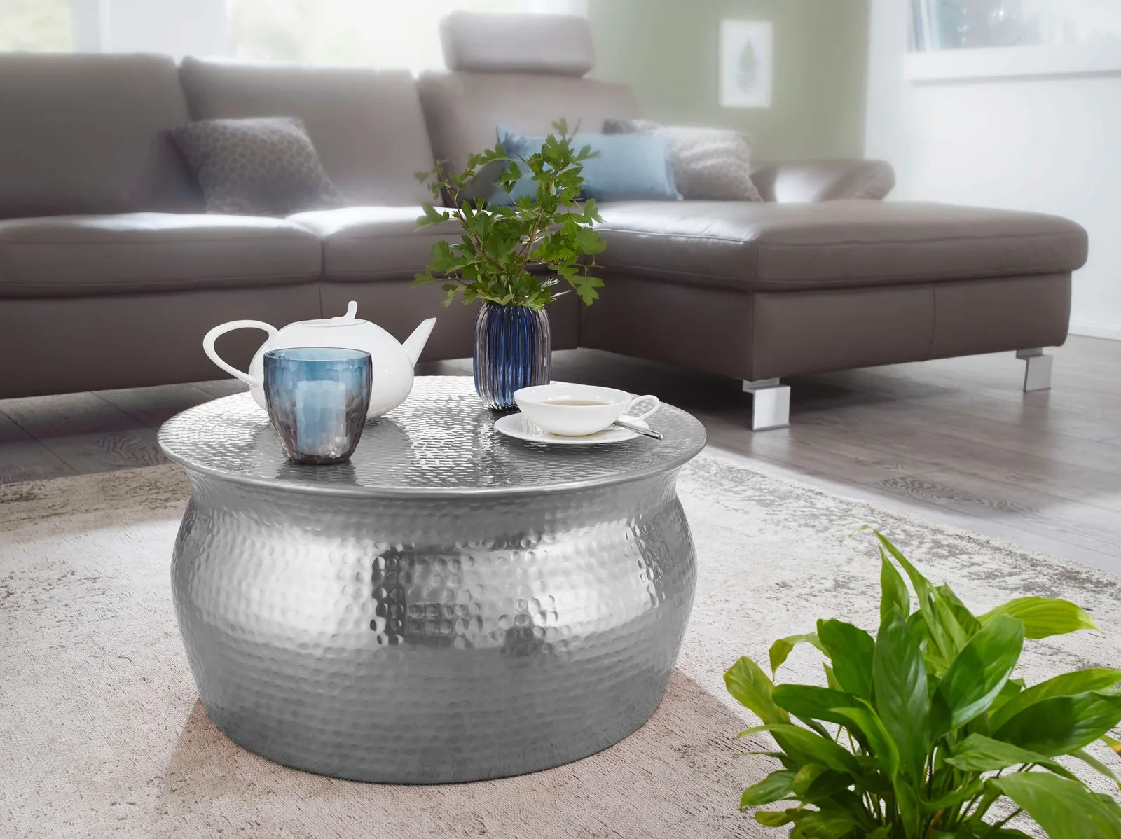 FineBuy Couchtisch rund 60 cm Metall - Design Aluminium Wohnzimmertisch handgefertigt - Orientalischer Alu Beistelltisch Wohnzimmer Tisch Hammerschlag