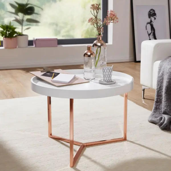 FineBuy Couchtisch 58,5x42x58,5cm Sofatisch Metall Rund aus Holz, Weiß