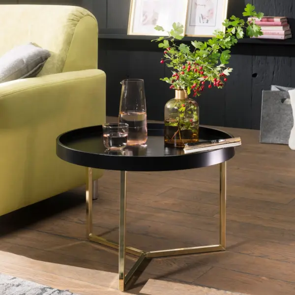 FineBuy Couchtisch 58,5x42x58,5cm Sofatisch Metall Rund aus Holz, Schwarz
