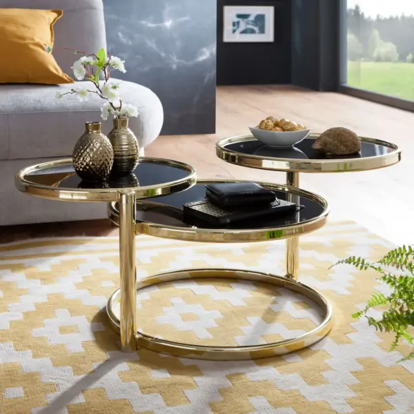 FineBuy Couchtisch mit 3 Tischplatten, Gold – 58 × 43 × 58 cm