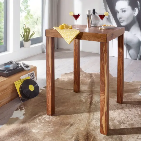 FineBuy Bartisch Massivholz Sheesham, Braun – 80 × 80 × 110 cm