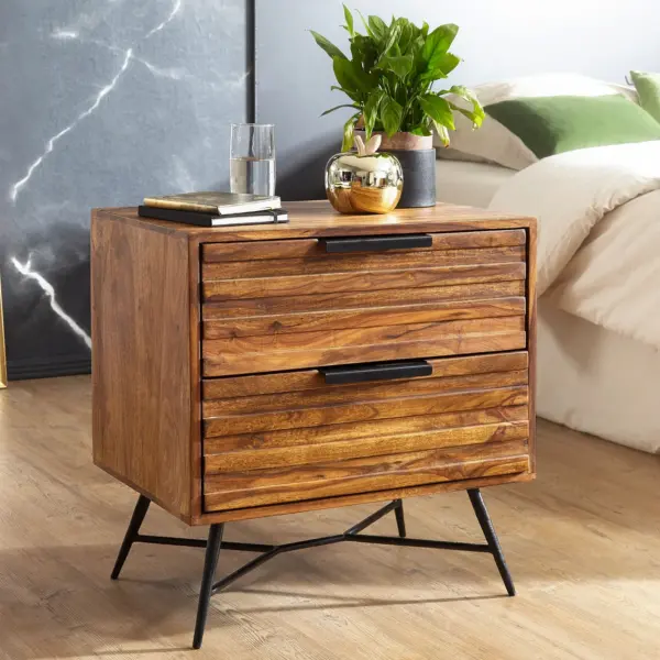 FineBuy Nachtkonsole Sheesham Massivholz mit 2 Schubladen, Braun – 60 × 60 × 40 cm