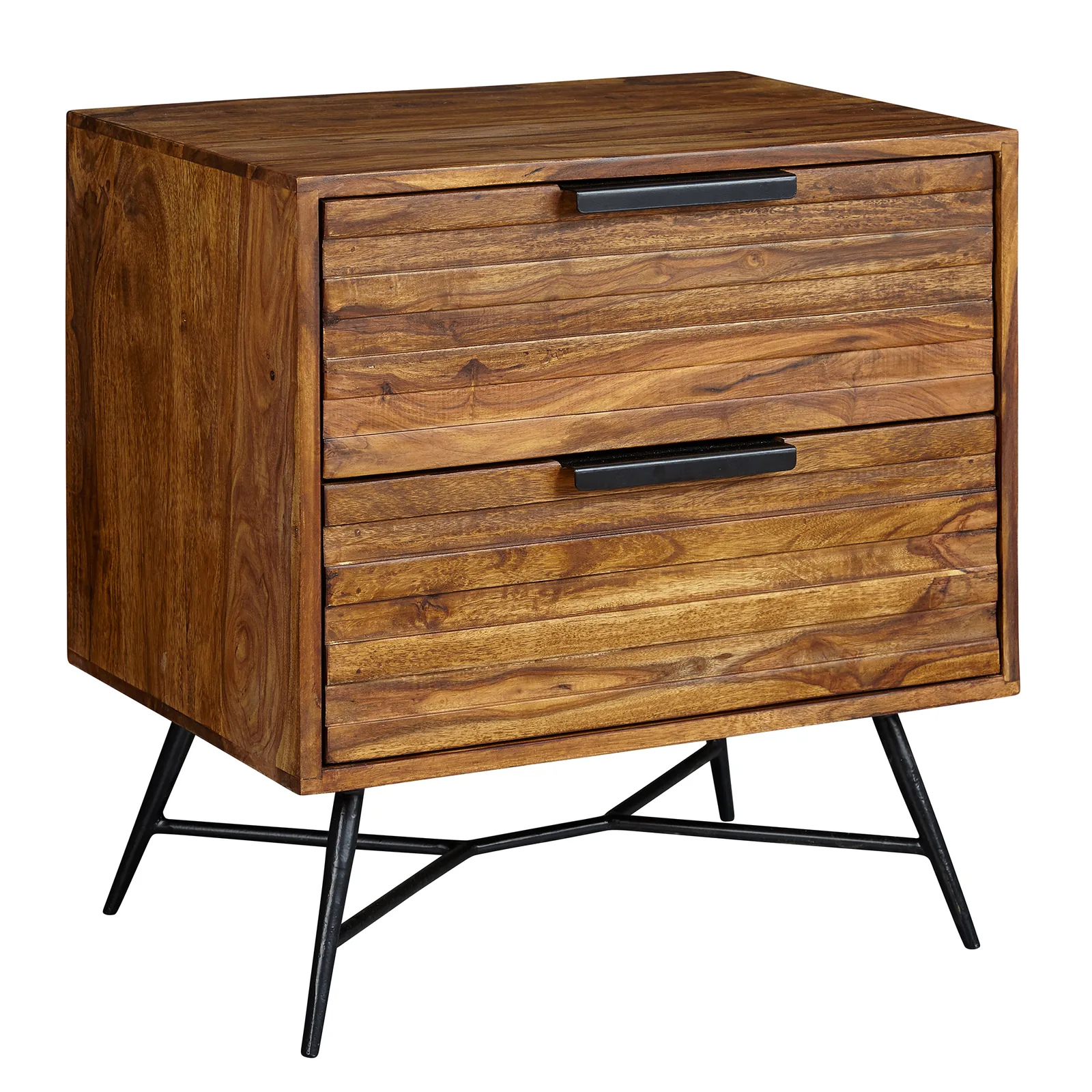 FineBuy Nachtkonsole Sheesham Massivholz mit 2 Schubladen, Braun – 60 × 60 × 40 cm