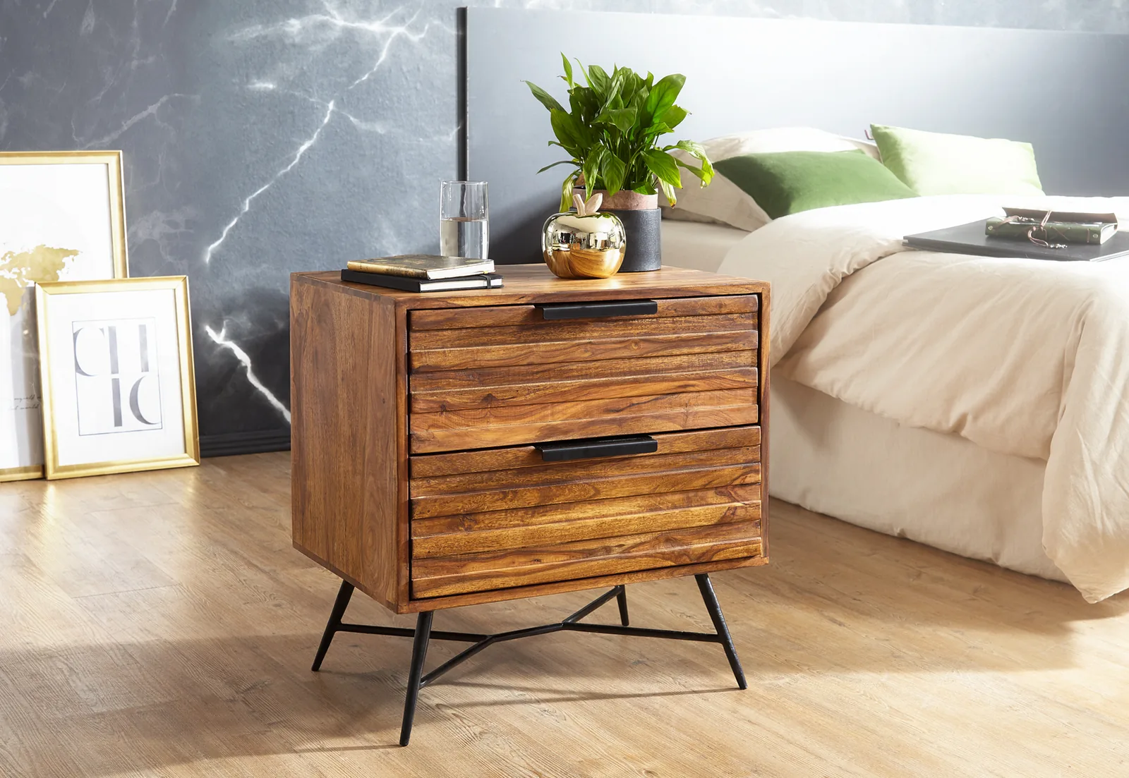 FineBuy Nachtkonsole Sheesham Massivholz mit 2 Schubladen, Braun – 60 × 60 × 40 cm