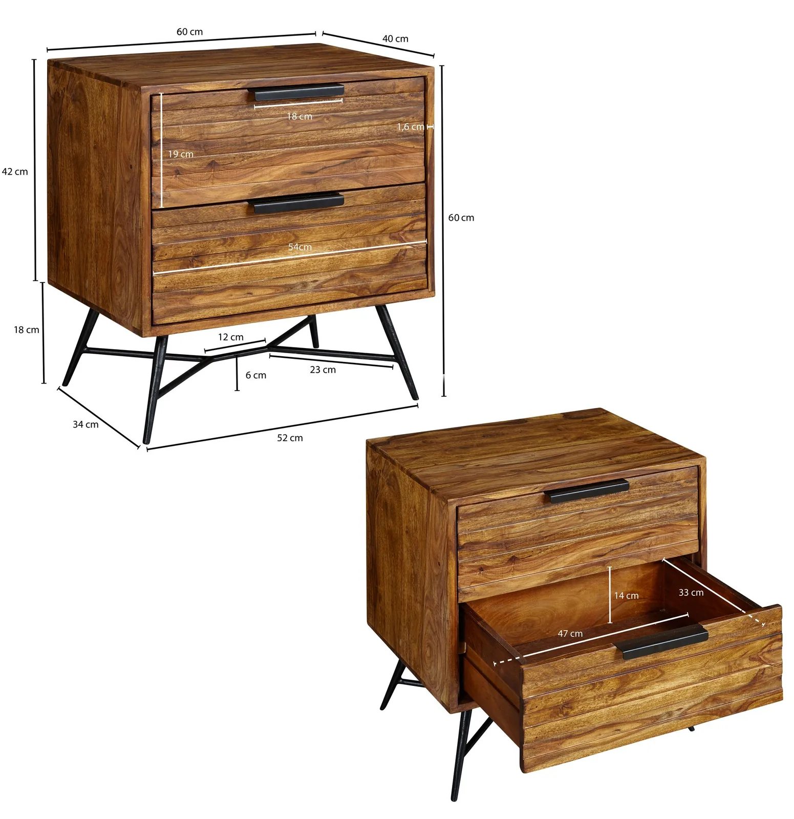 FineBuy Nachtkonsole Sheesham Massivholz mit 2 Schubladen, Braun – 60 × 60 × 40 cm