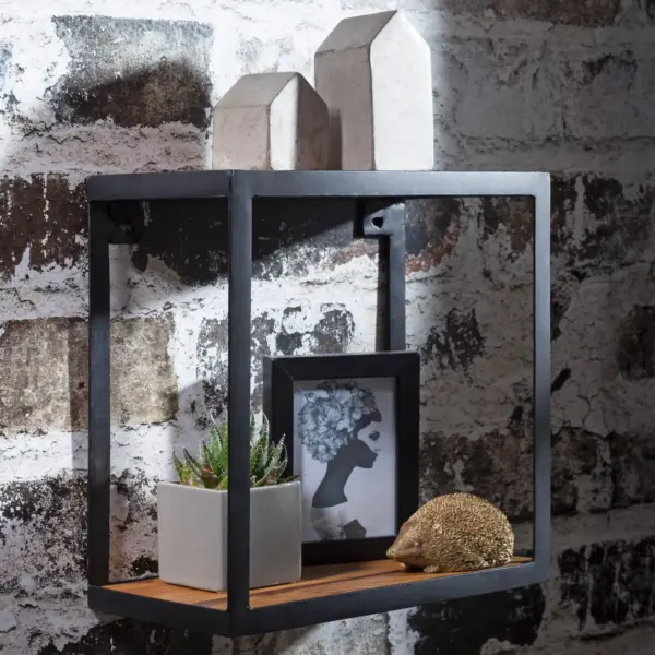 FineBuy Wandregal PURI aus Massivholz, Schwarz – 35 × 18 × 35 cm