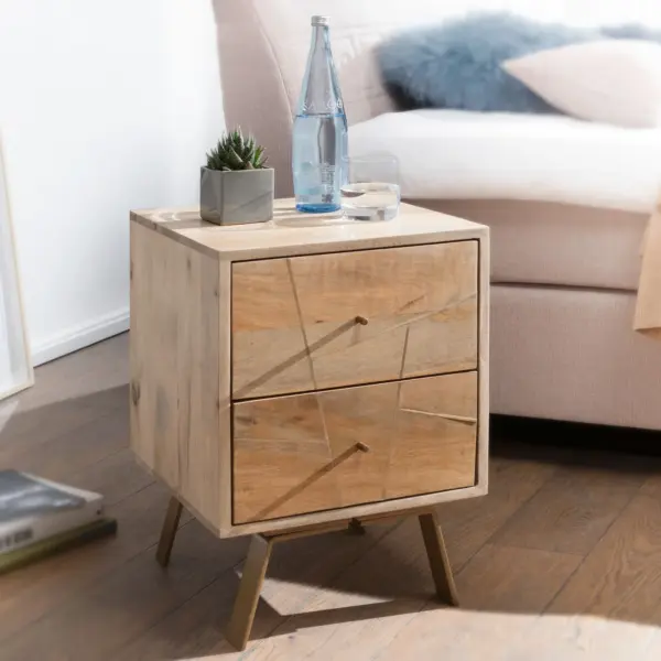 FineBuy Nachtkonsole aus Mango Massivholz mit 2 Schubladen, Braun – 40 × 56 × 40 cm