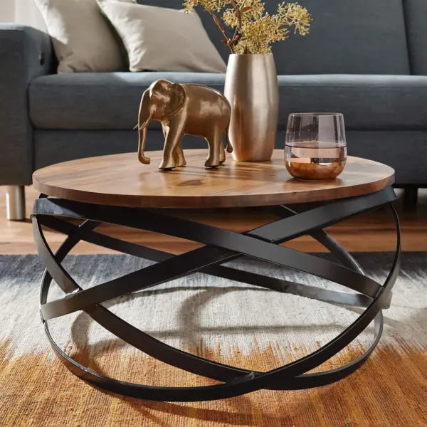 FineBuy Couchtisch MANUR rund aus Sheesham Massivholz Ø, Braun – 60 cm