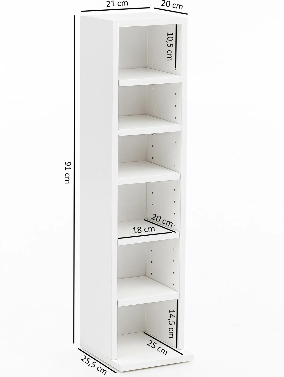 FineBuy Design Bücherregal SV51375 mit 6 Fächern aus Holz, Weiß – 21 × 91 × 25,5 cm