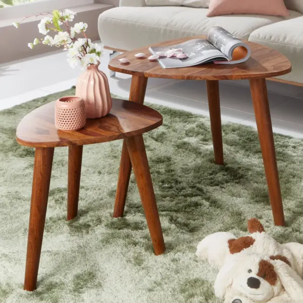 FineBuy Design Satztisch FB51391 Sheesham Massivholz Beistelltisch 2er Set Klein, Braun