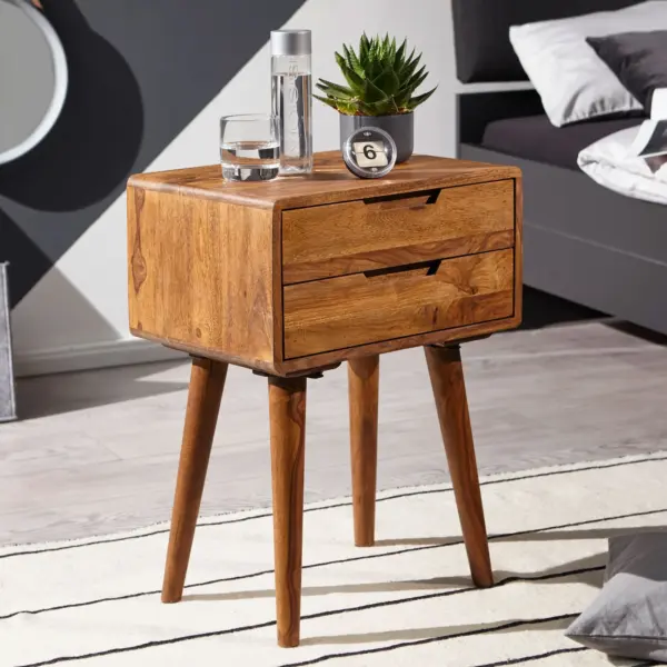 FineBuy Nachttisch Sheesham Massivholz mit 2 Schubladen, 47 × 66 × 36 cm – für Boxspringbett