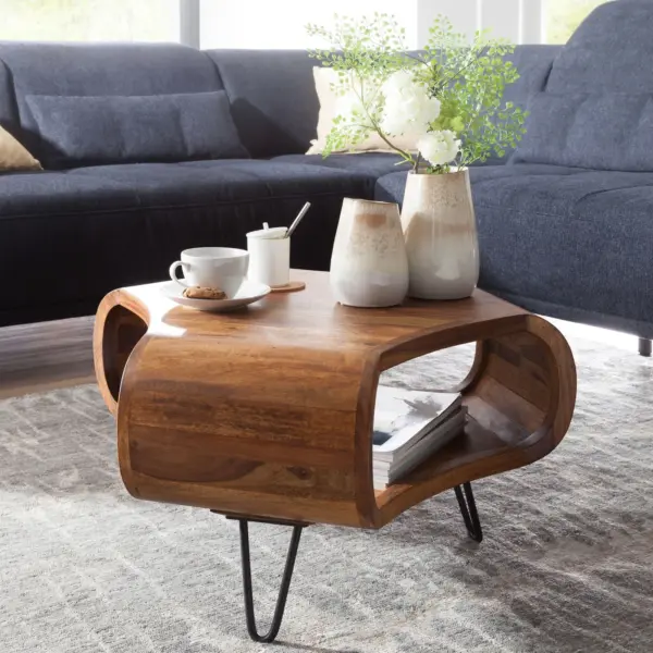FineBuy Couchtisch Sheesham Massivholz, Braun – 55 × 55 × 38 cm