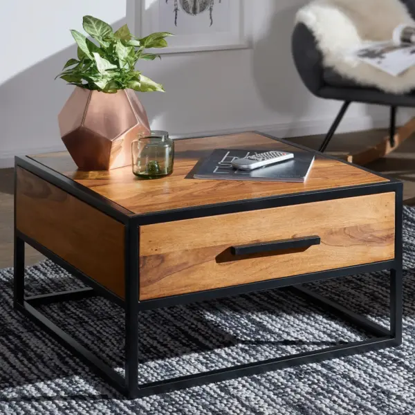 FineBuy Couchtisch FB51417 Massivholz / Metall Sofatisch, Braun – 65 × 38 × 65 cm