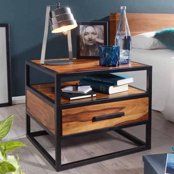 FineBuy Nachtkonsole Sheesham Massivholz mit Schublade & Ablage, Braun – 50 × 45 × 45 cm